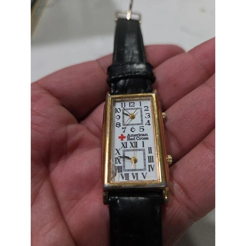 American Red Cross Dual Time Watch Black Leather Band Gold Case Japan Mens